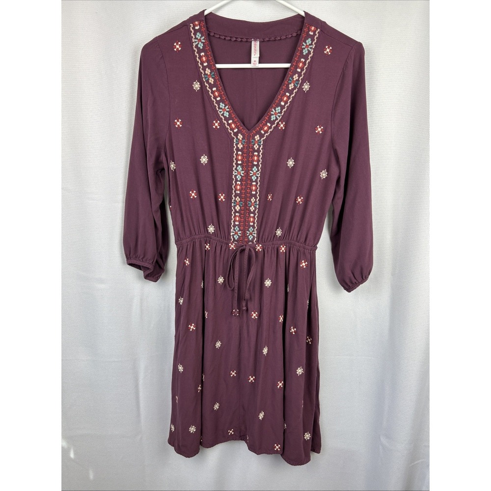 Xhilaration Embroidered Purple Peasant Dress Tie Waist 3/4 Sleeve Boho Festival